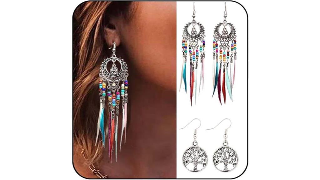 bohemian tree feather earrings