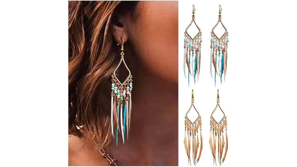 boho beaded feather earrings