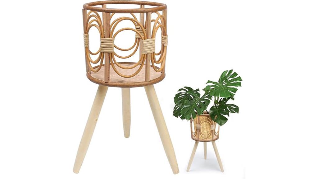 rattan plant stand with wooden legs