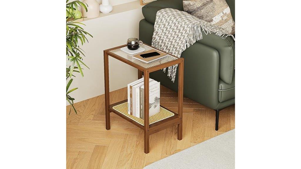 rattan side table with glass