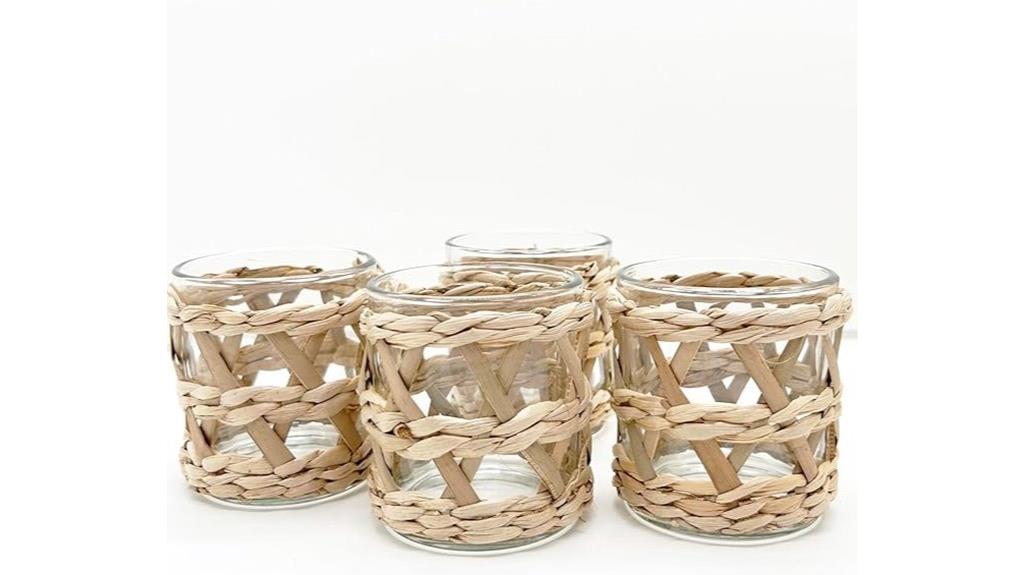 set of four woven rattan tealight holders