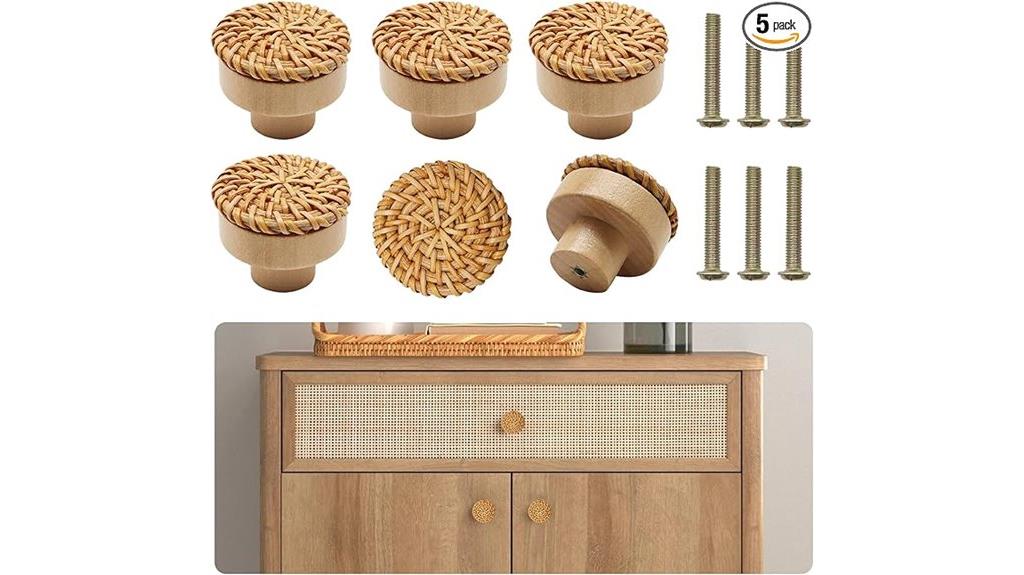 six boho rattan knob sets