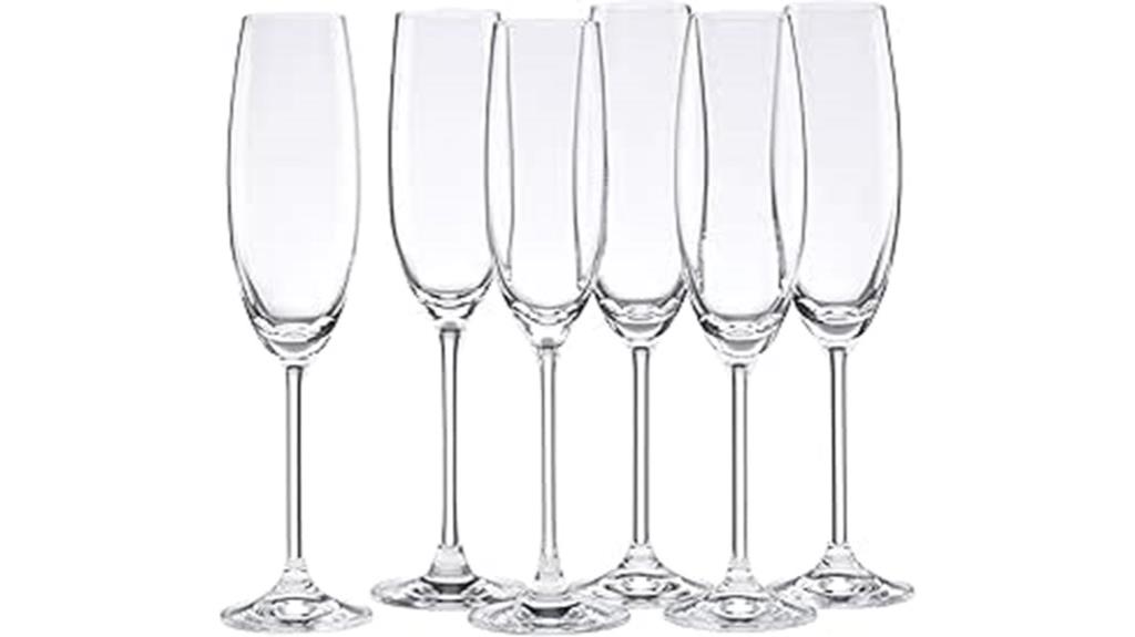six clear champagne flutes
