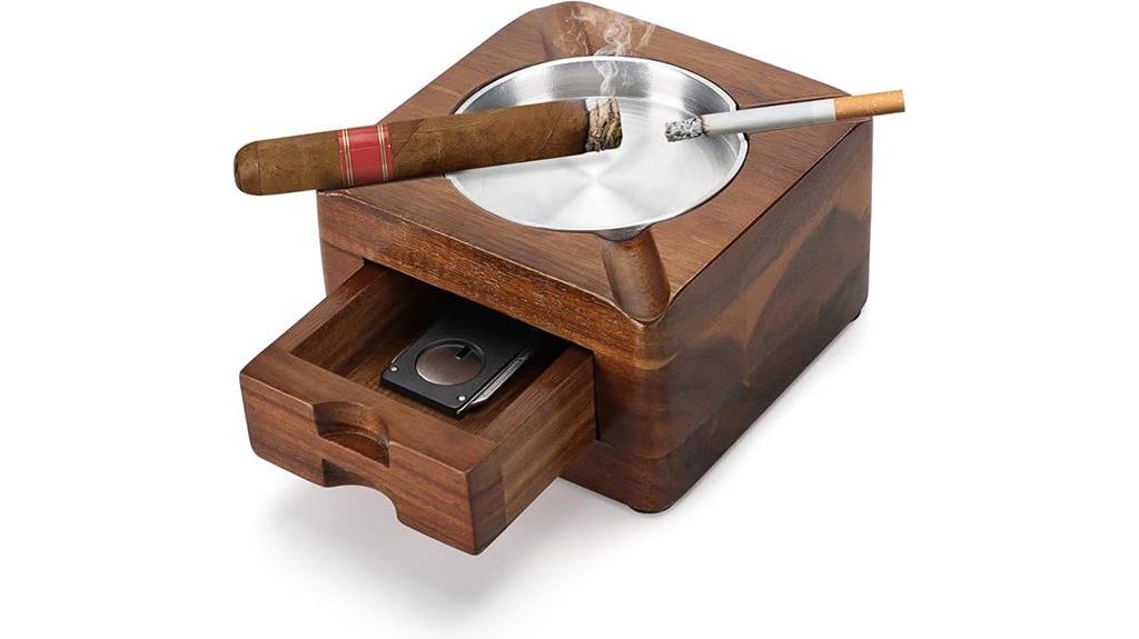 wooden square ashtray with cigar accessories drawer